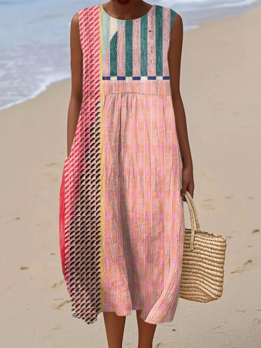 Women's Vintage Abstract Geometric Art Print Sleeveless Cotton Pocket Wrap Dress