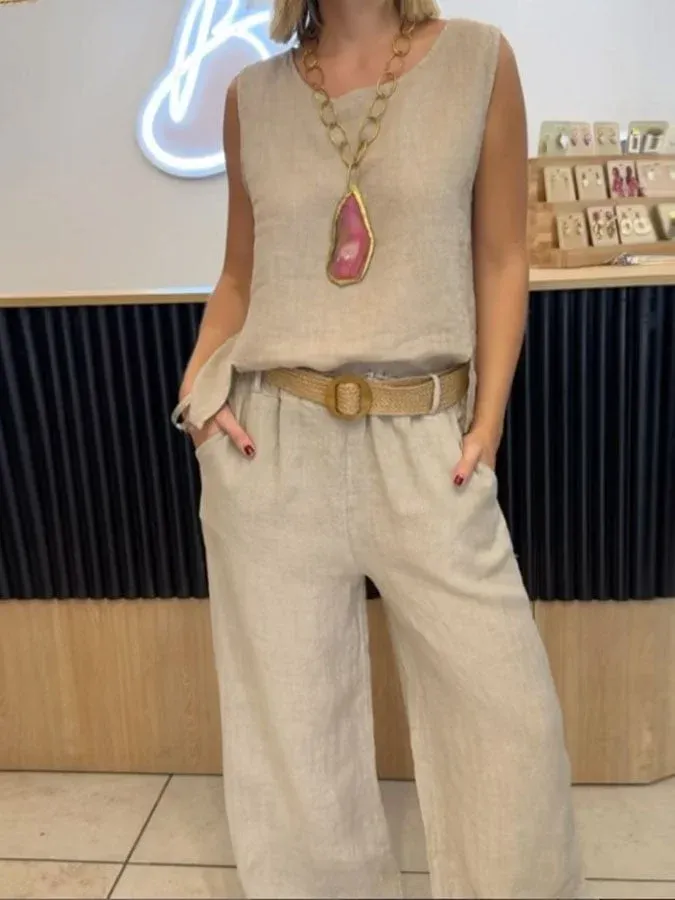 Women's Casual Solid Color Round Neck Vest Trousers Cotton and Linen T