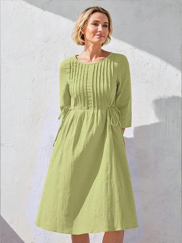 Women's Solid Color Round Neck Three-quarter Sleeve Drawstring Casual Cotton and Linen Dress
