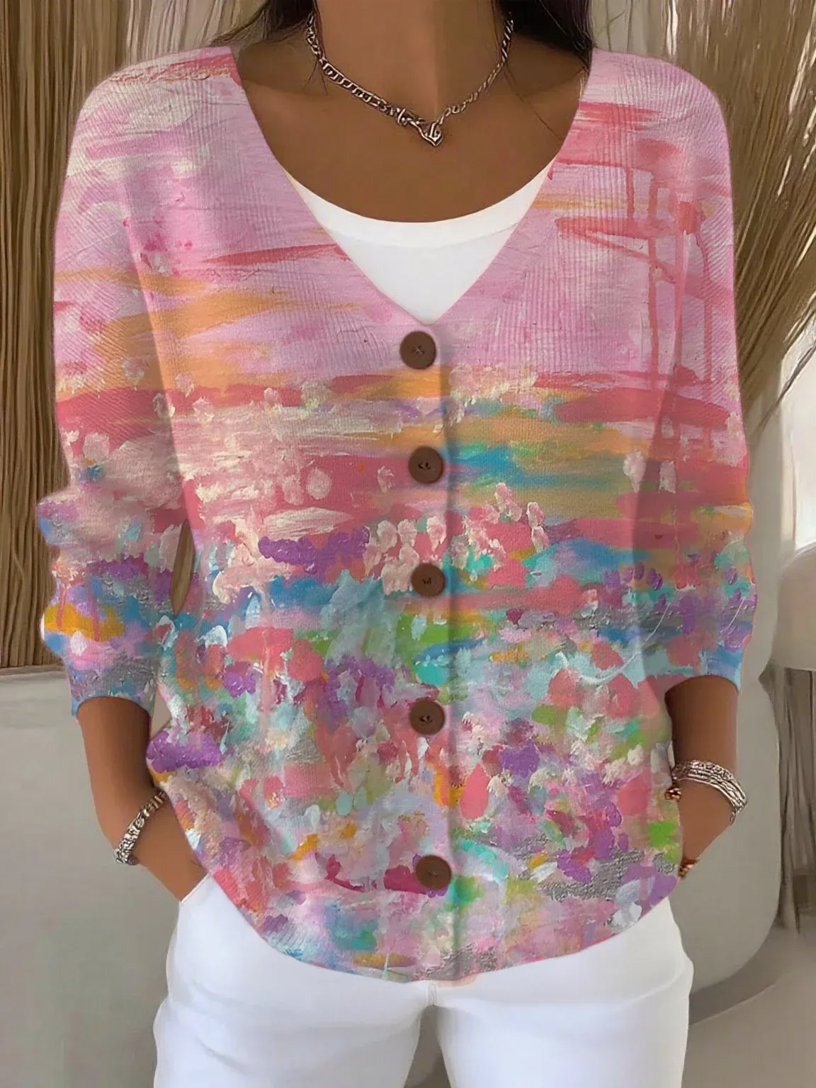 Elegant Women’s Cotton V-Neck Cardigan with 3D Floral Pattern