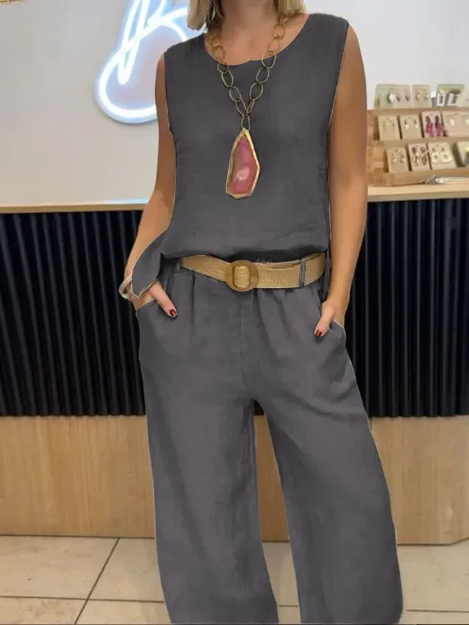 Women's Casual Solid Color Round Neck Vest Trousers Cotton and Linen Two-piece Set