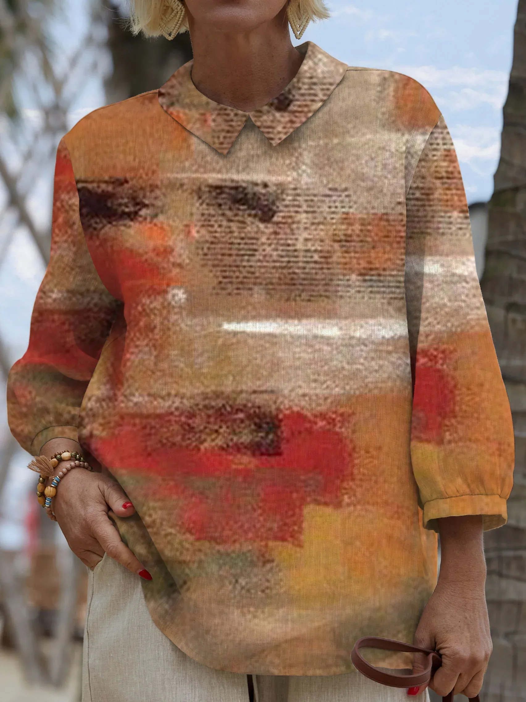 Women's Vintage Flower Art Print Casual Cotton And Linen 3/4 Sleeve Shirt