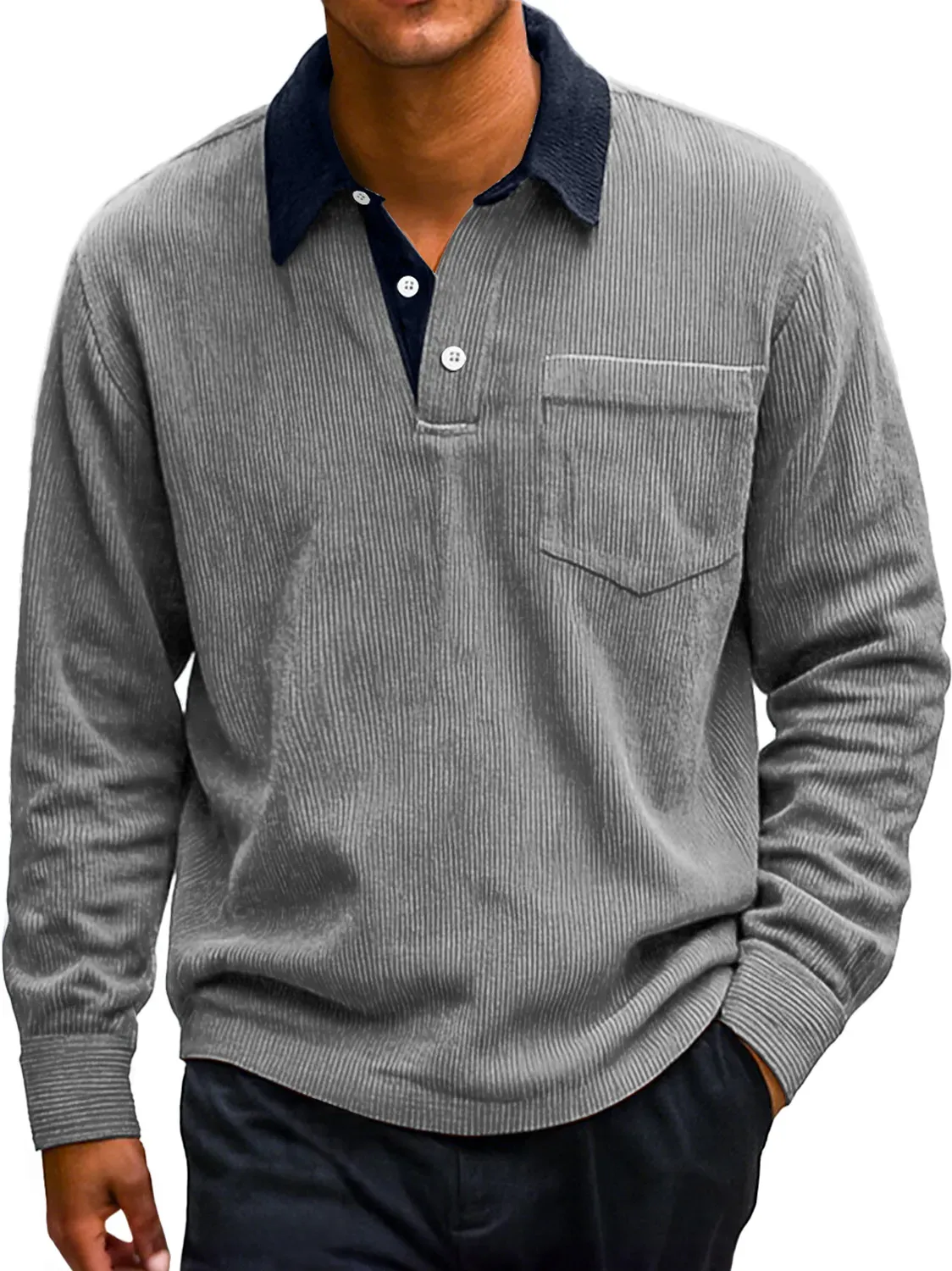 Men's Retro Corduroy Lapel Colorblock Casual Long-sleeved Polo Shirt