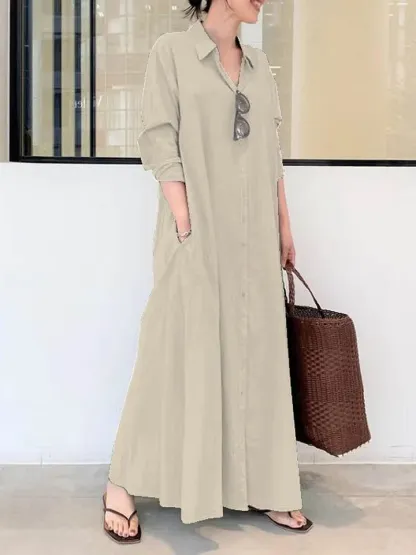 Women's Summer Solid Color Casual Loose Elegant V-Neck Cotton And Linen Pocket Shirt Dress