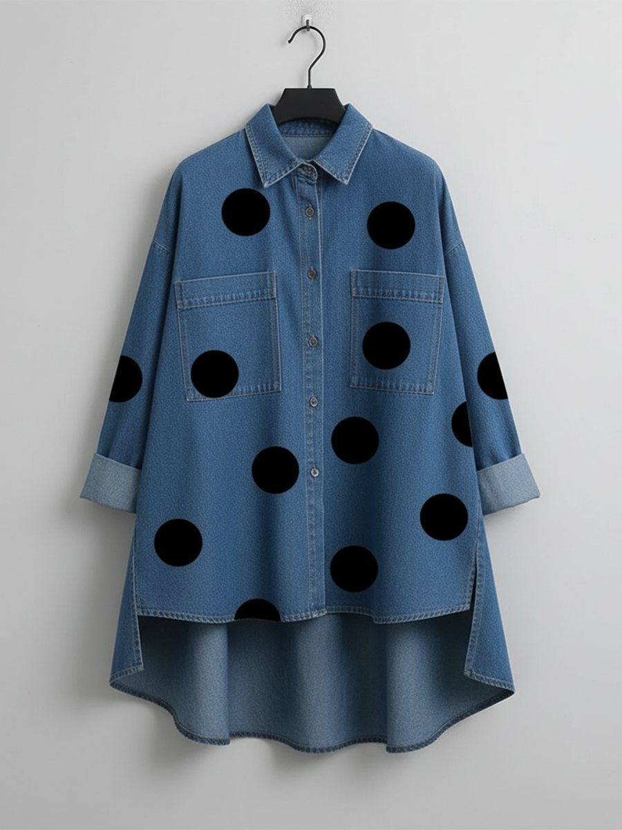 Elegant Artistic Polka Dot Print Stand-collar Denim Top