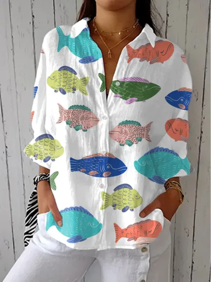 Women's Vintage Abstract Floral Art Print Linen V-Neck Shirt