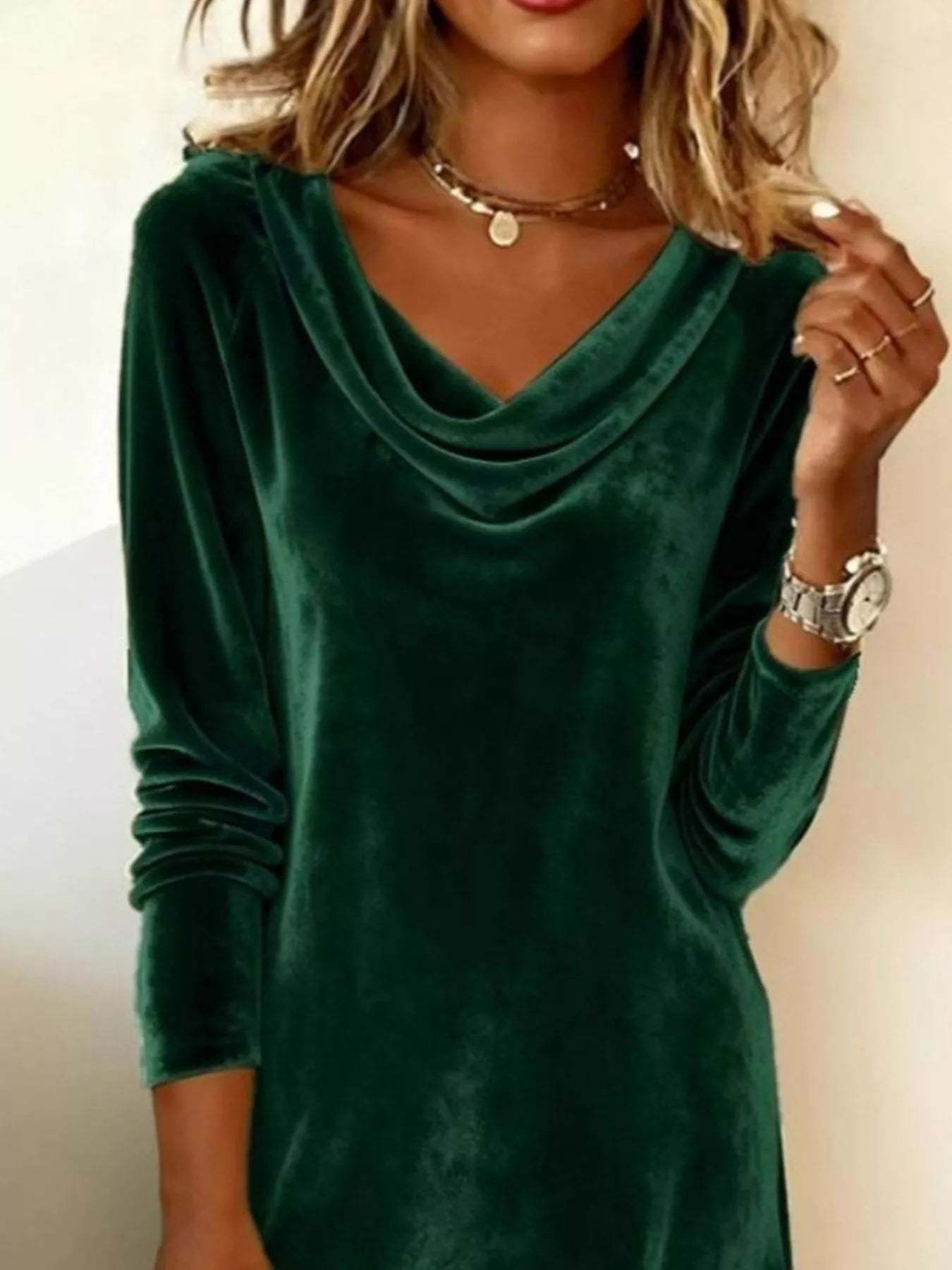  Elegant Velvet Cowl Neck Long Sleeve Mini Dress