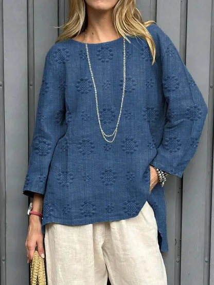 Women's Vintage Floral Pattern Art Print Casual Cotton Linen Shirt