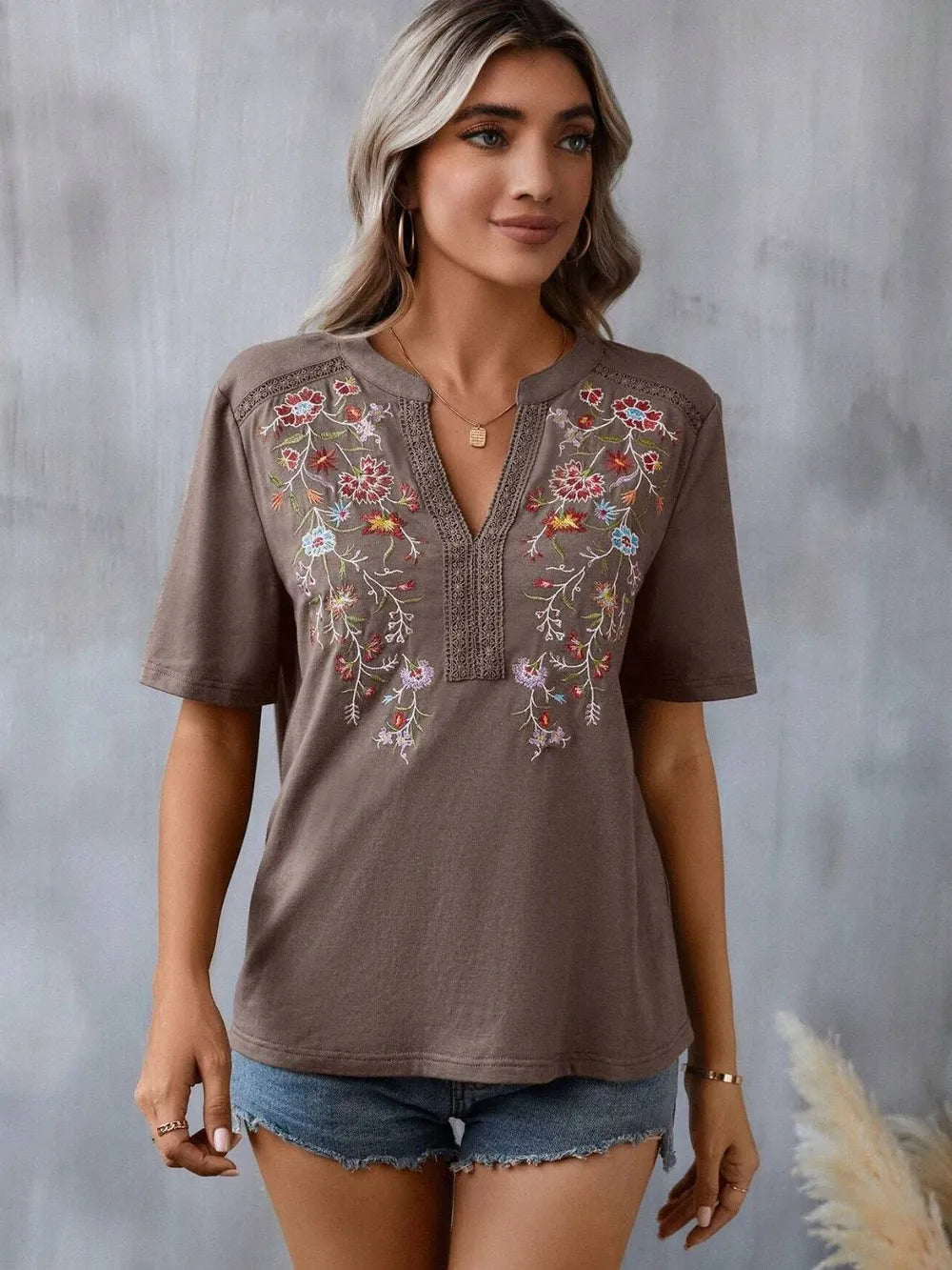 Hazel Blues | Embroidered Notched Short Sleeve T-Shirt