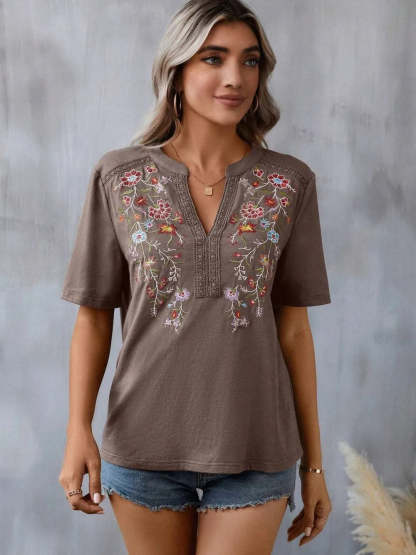 Hazel Blues® |  Embroidered Notched Short Sleeve T-Shirt