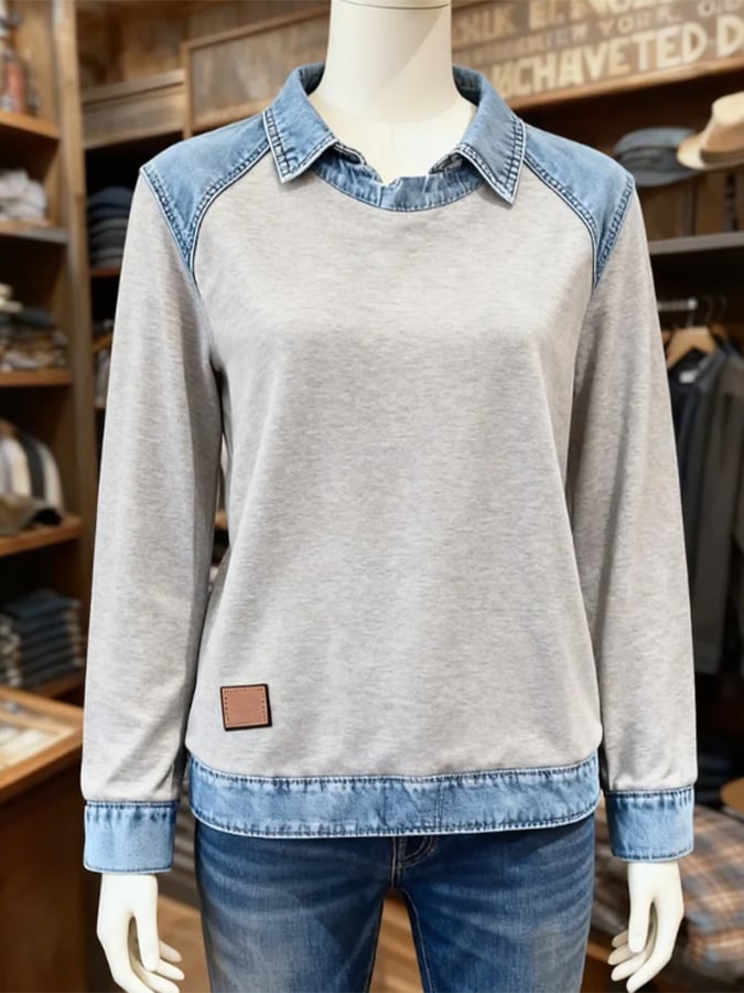 Women'S Casual Lapel Denim Stitching Pullover Sweatshirt