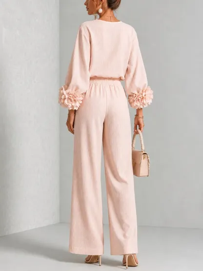 Women 3D Floral Cuff Linen Two‑Piece Outfit, Long Sleeve Blouse & Elastic Waist Wide Leg Pants Set