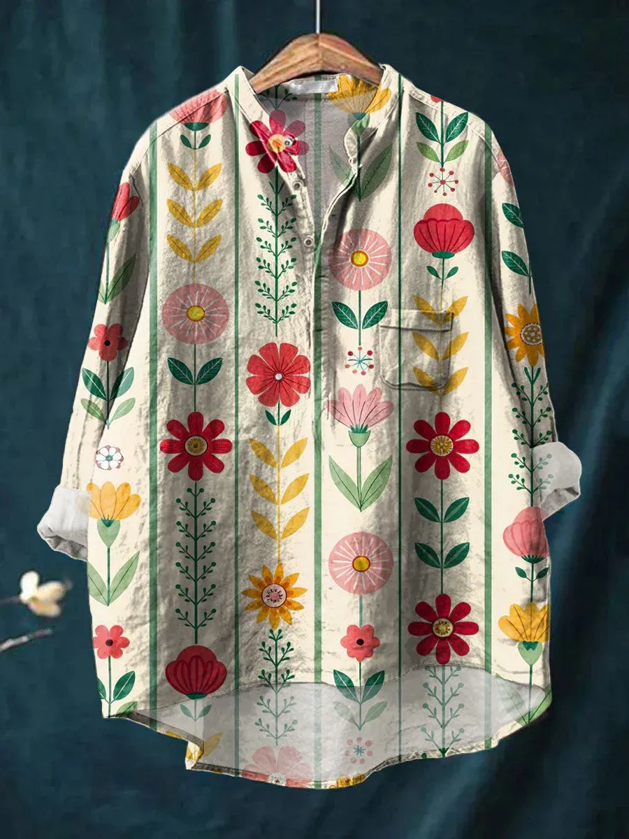 Women's Vintage Art Print Casual Long Sleeve Comfortable Cotton Shirt