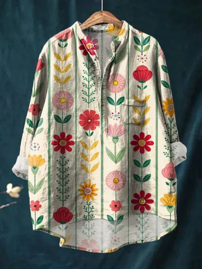 Women's Vintage Art Print Casual Long Sleeve Comfortable Cotton Shirt