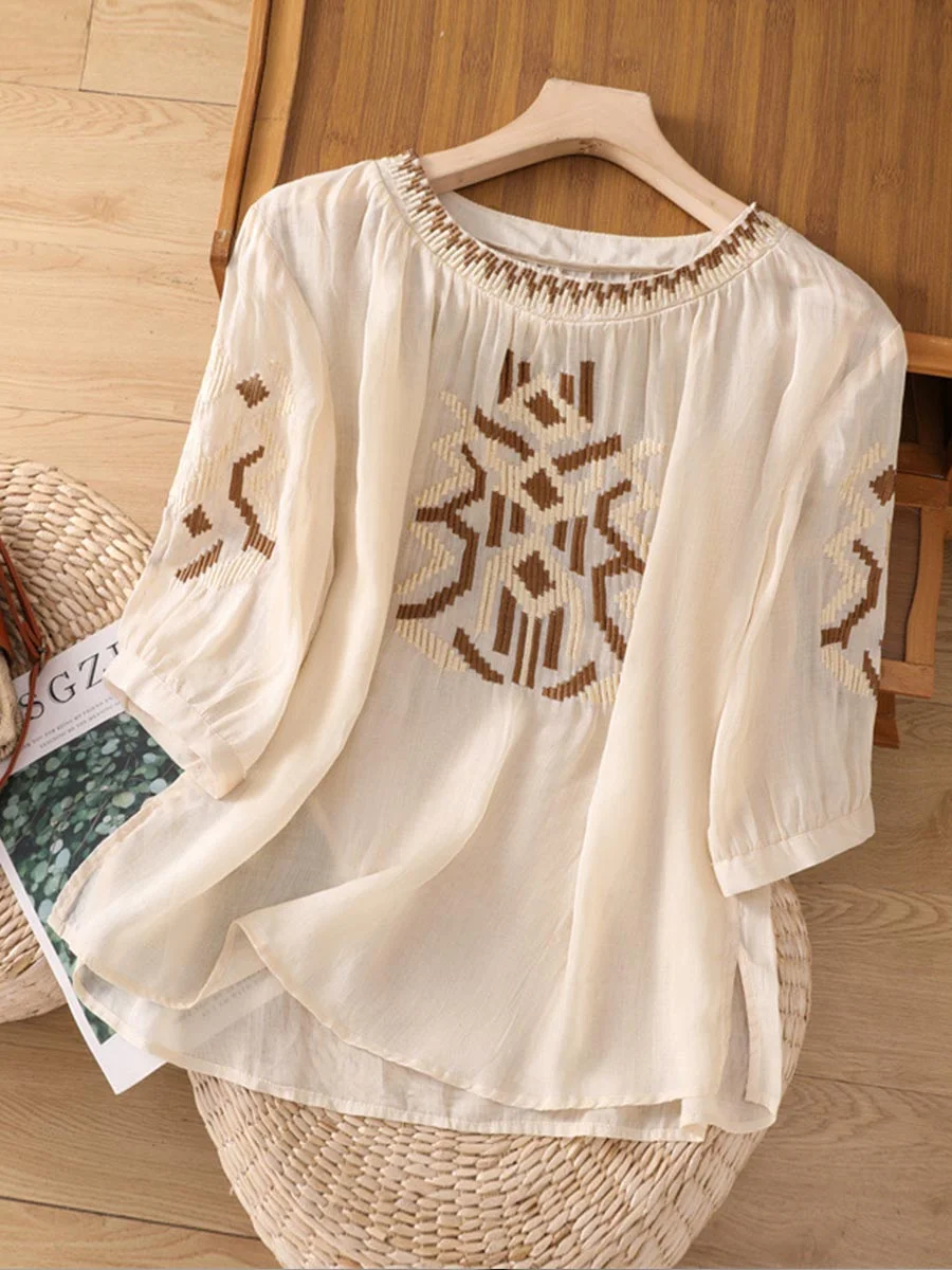Women's Retro Round Neck 3/4 Sleeves Heavy Embroidery Casual Cotton and Linen Tops