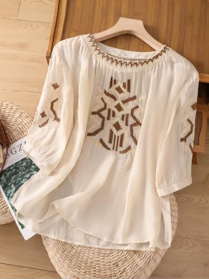 Women's Retro Round Neck 3/4 Sleeves Heavy Embroidery Casual Cotton and Linen Tops