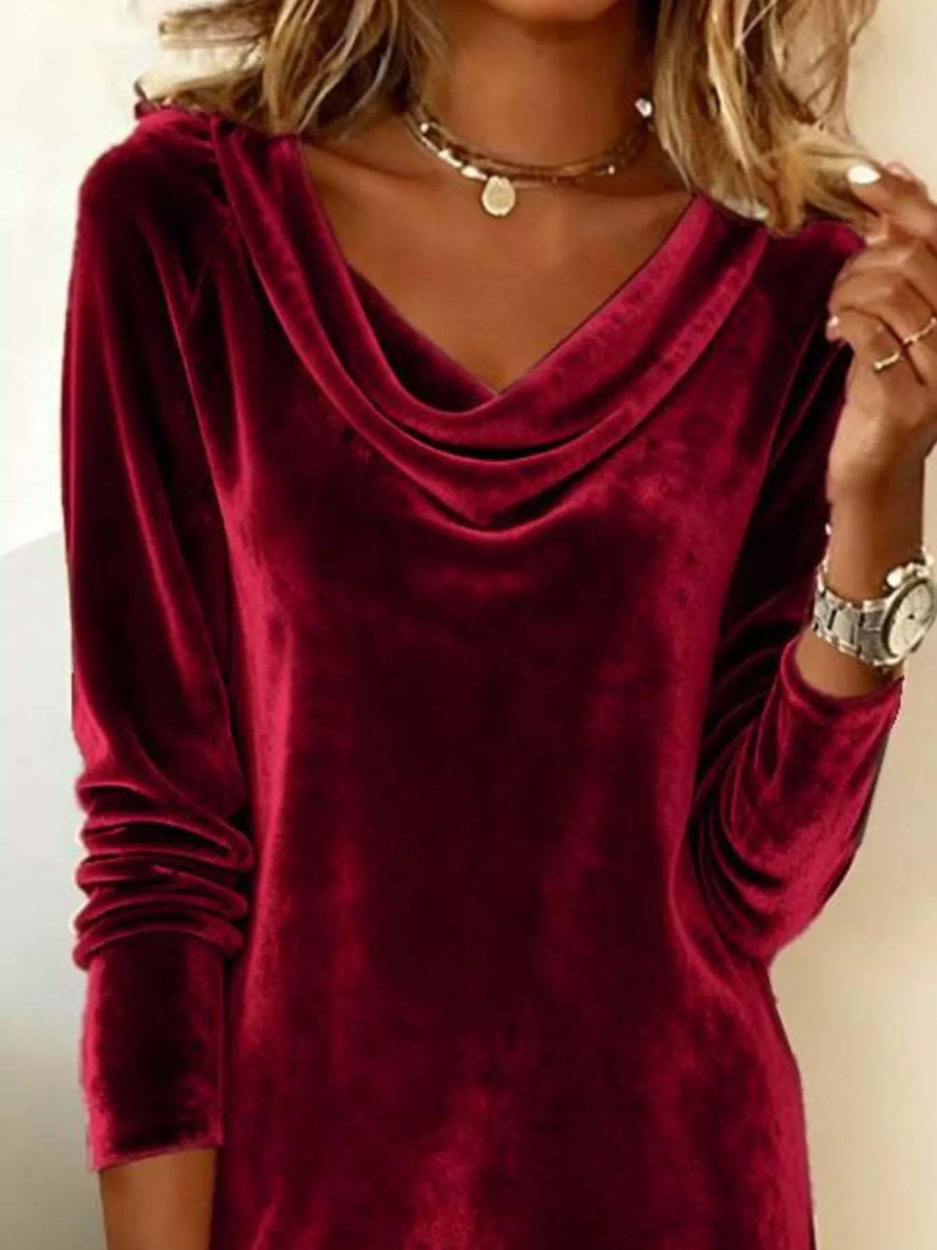  Elegant Velvet Cowl Neck Long Sleeve Mini Dress