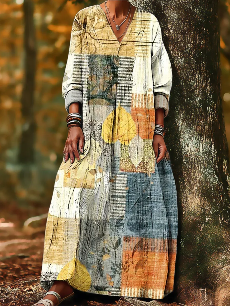 Women's Cotton Vintage Abstract Geometric Art Print Dress