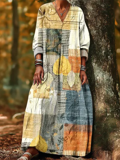 Women's Cotton Vintage Abstract Geometric Art Print Dress