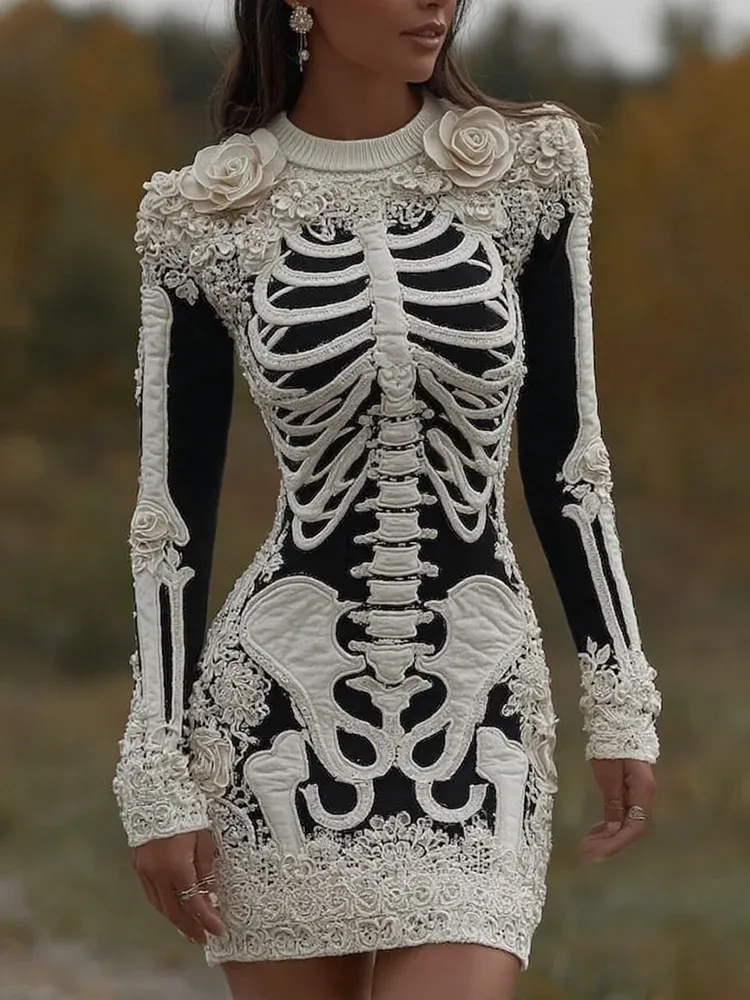 Women's Vintage Halloween Skeleton Bones With Rose Art Cozy Knit Mini Sweater Dress