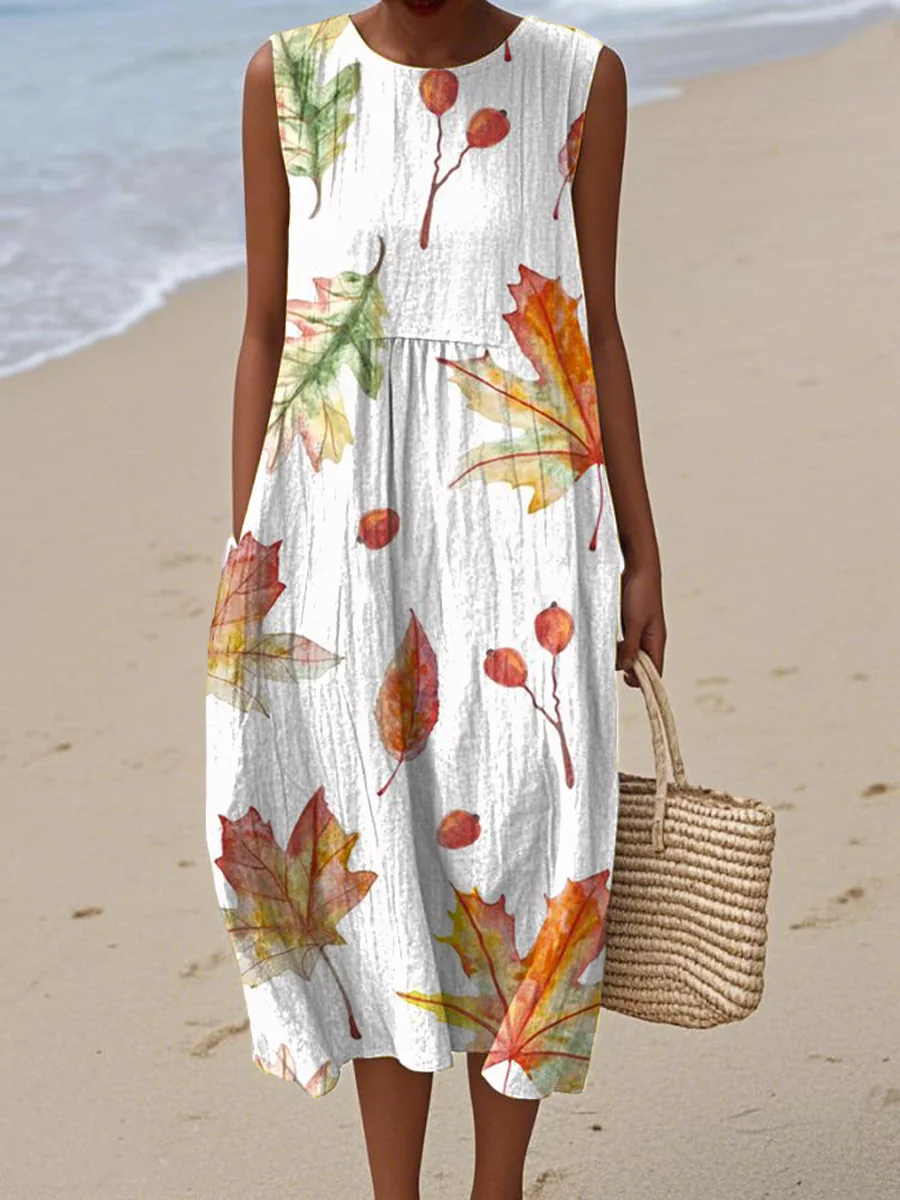 Women's Abstract Art Geometric Lines Print Sleeveless Cotton Pocket Wrap Dress