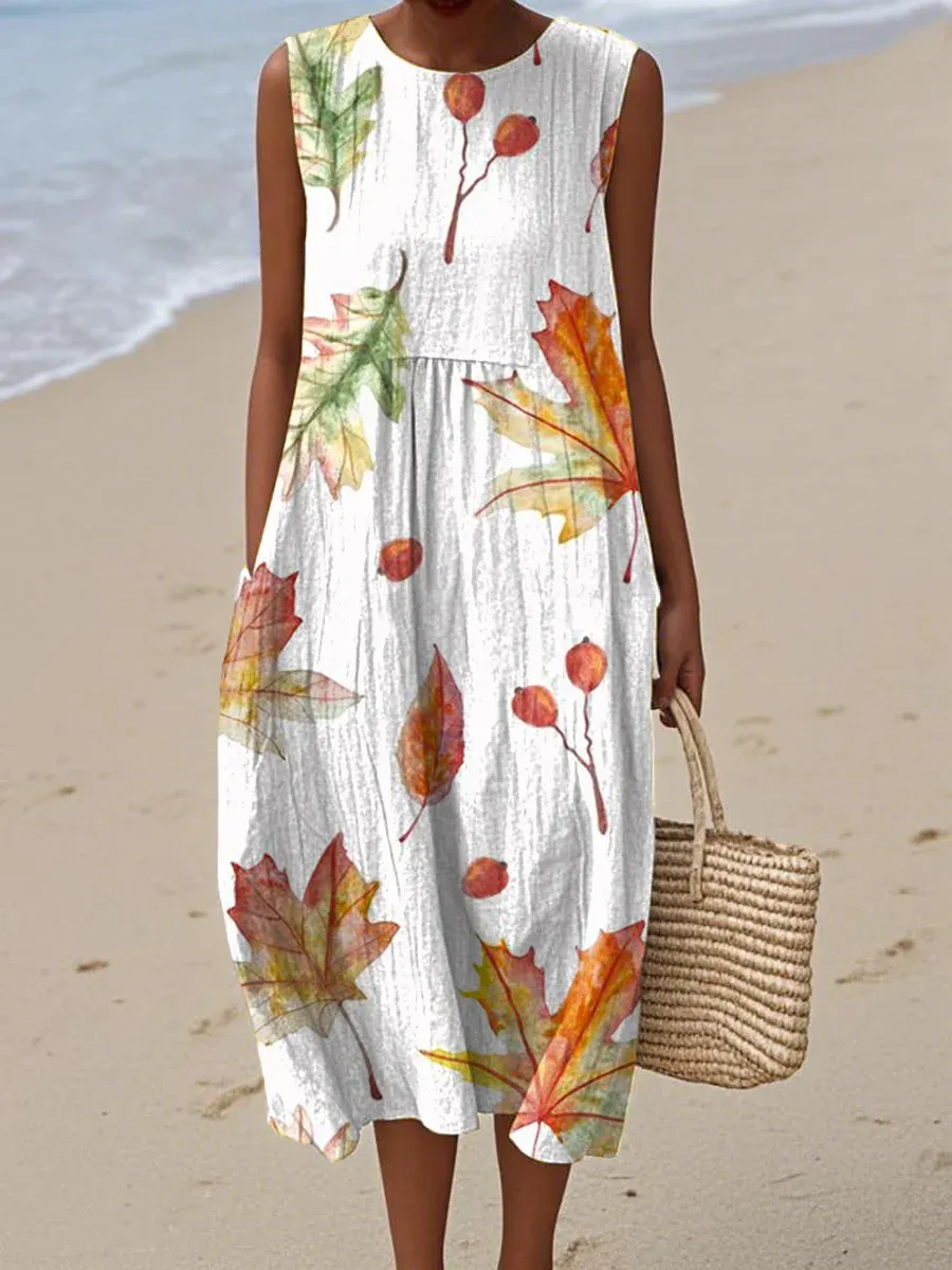 Women's Abstract Art Geometric Lines Print Sleeveless Cotton Pocket Wrap Dress