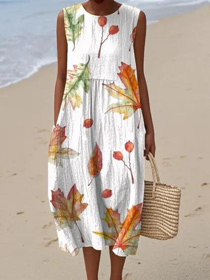 Women's Abstract Art Geometric Lines Print Sleeveless Cotton Pocket Wrap Dress