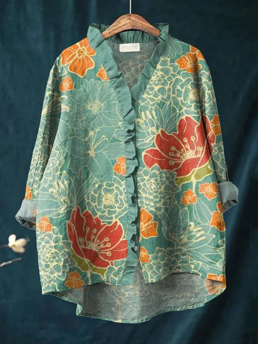 Women's Vintage Floral Art Print Casual Cotton And Linen Ruffle Shirt