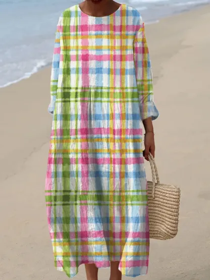 Women's Vintage Plaid Abstract Art Print Casual Dress