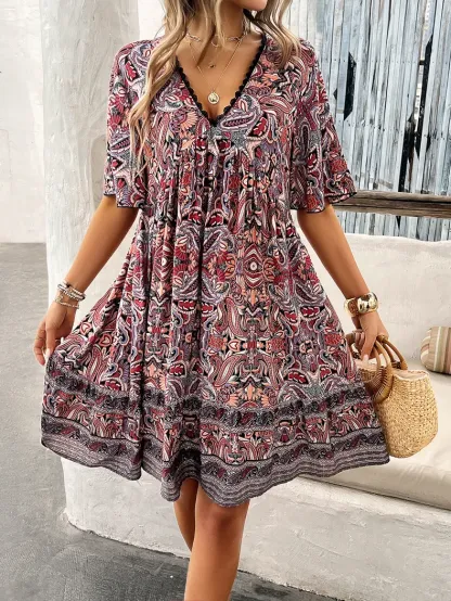Women's Bohemian Contrast Print V-Neck Short Sleeve Dress