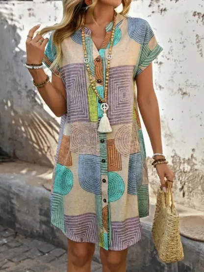 Printed Collared Neck Tie Waist Dress