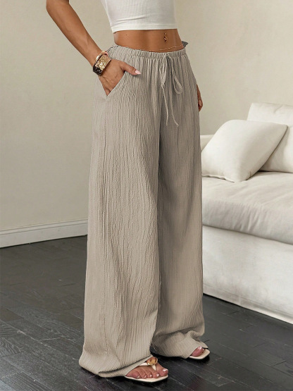Slimming Wide Leg Pants Loose Drapey Pure Color High Waist Long Casual Trousers For Women Comfortable Breathable Elastic Waist