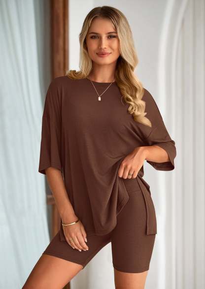 Women's Two Piece Lounge Set Summer Casual Oversized Shirts Biker Shorts Matching Airport Travel Outfit