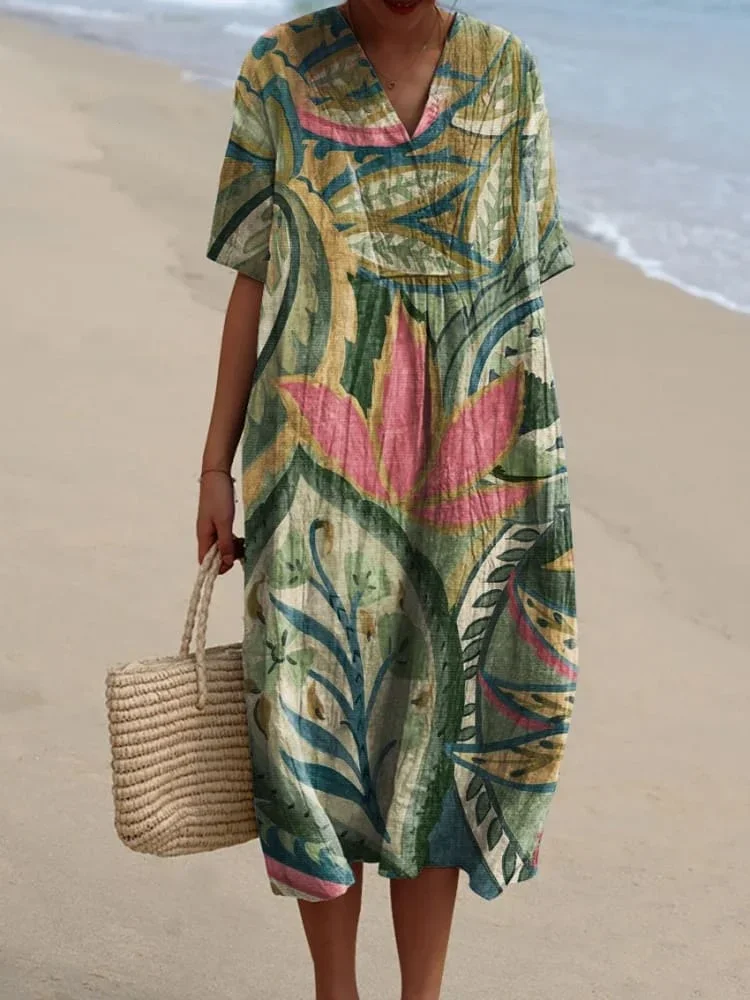 Women's Vintage Abstract Art Print Elegant Flowing Dress