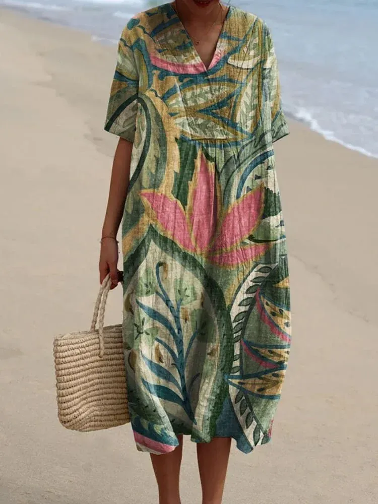 Women's Vintage Abstract Art Print Elegant Flowing Dress