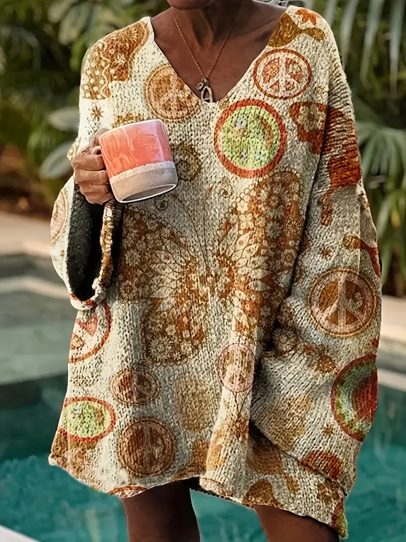 Women's Elegant Vintage Floral Knitted Pullover Loose Top