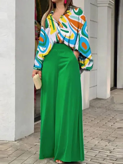 Women's Lapel Long Sleeves Contrast Print Casual Loose Shirt High Waist Solid Color Casual Wide Leg Pants Set