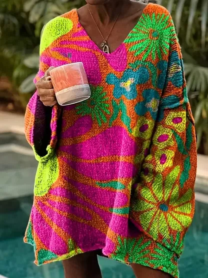 Women's Elegant Vintage Floral Knitted Pullover Loose Top