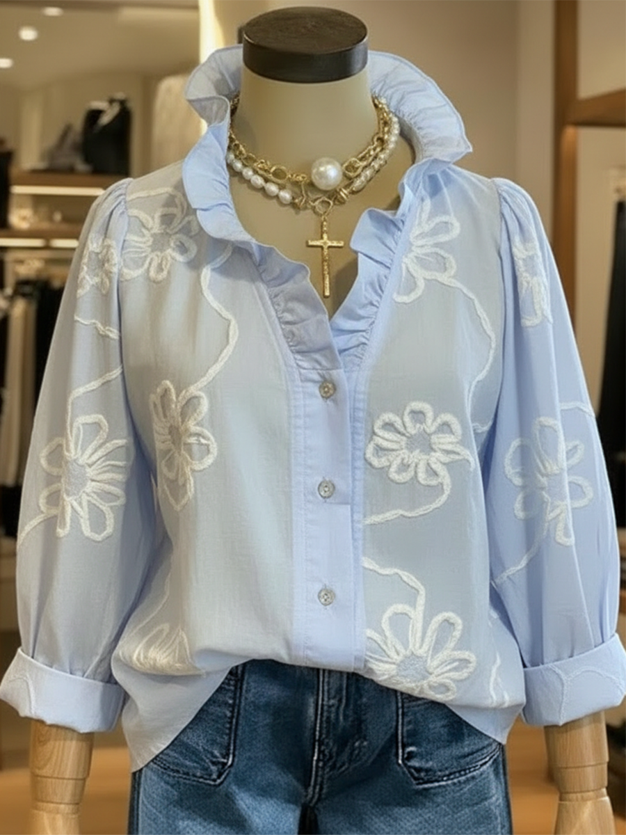 Casual Romantic Ruffled Collar Cotton Shirt
