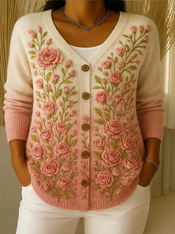 Elegant Women’s Cotton V-Neck Cardigan with 3D Floral Pattern