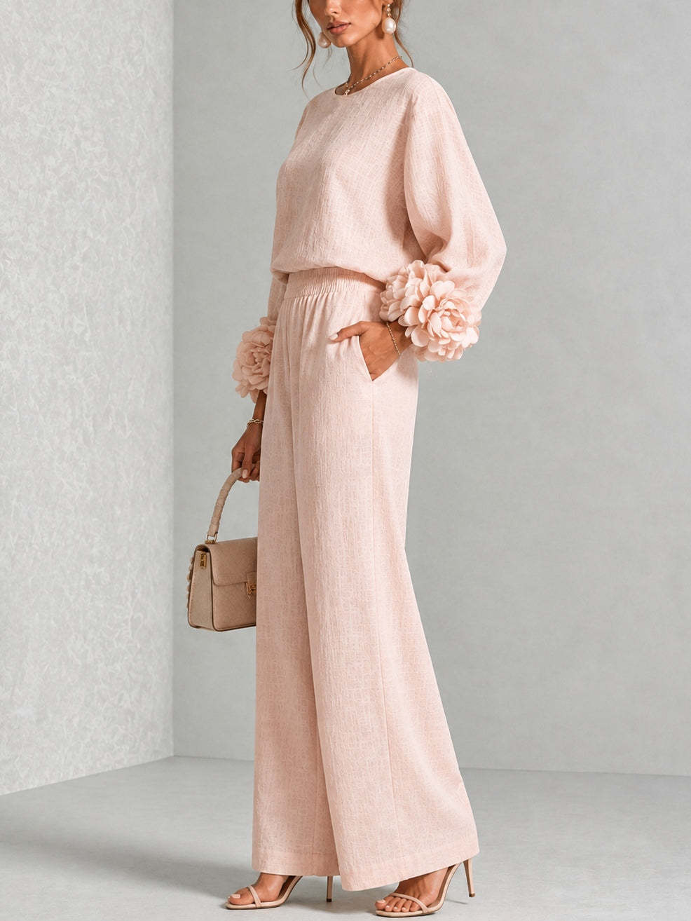 Women 3D Floral Cuff Linen Two‑Piece Outfit, Long Sleeve Blouse & Elastic Waist Wide Leg Pants Set
