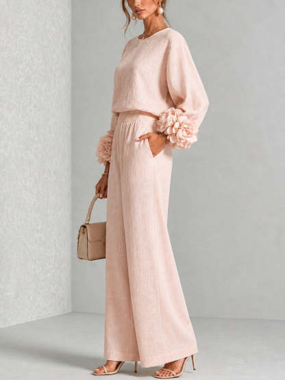 Women 3D Floral Cuff Linen Two‑Piece Outfit, Long Sleeve Blouse & Elastic Waist Wide Leg Pants Set
