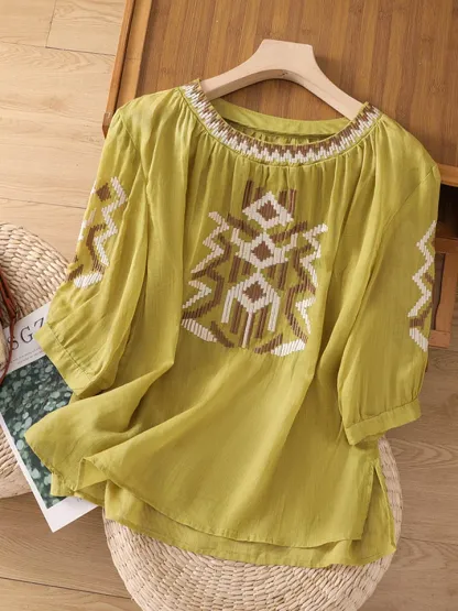 Women's Retro Round Neck 3/4 Sleeves Heavy Embroidery Casual Cotton and Linen Tops