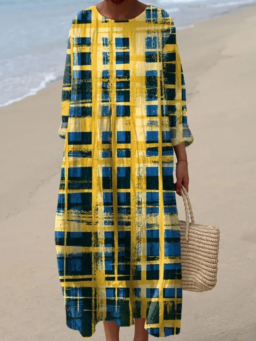 Women's Vintage Plaid Abstract Art Print Casual Dress