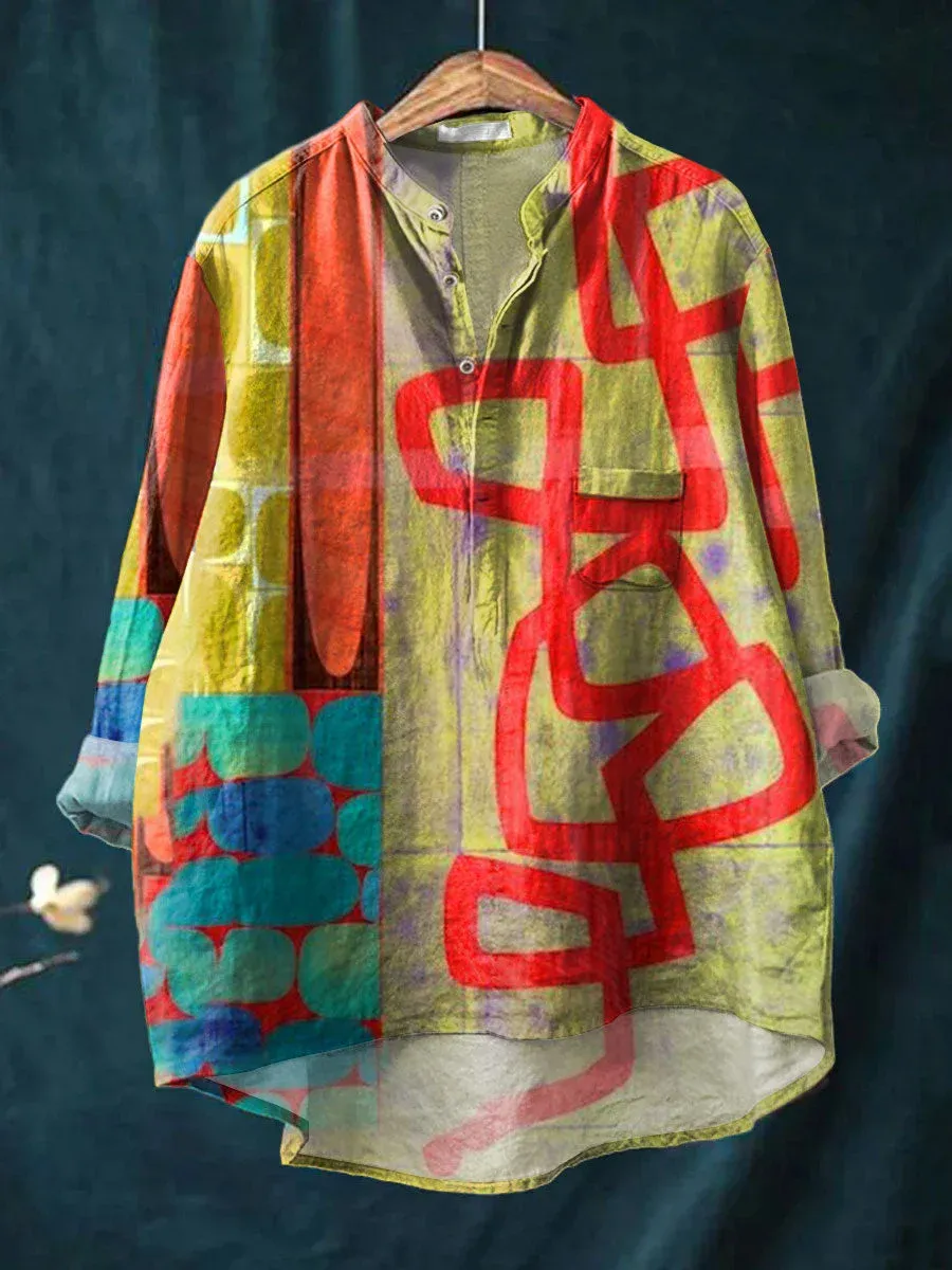 Women's Vintage Art Print Casual Long Sleeve Comfortable Cotton Shirt