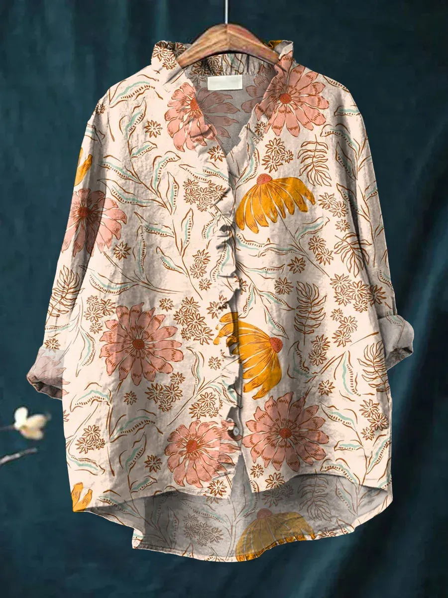 Women's Vintage Floral Art Print Casual Cotton And Linen Ruffle Shirt