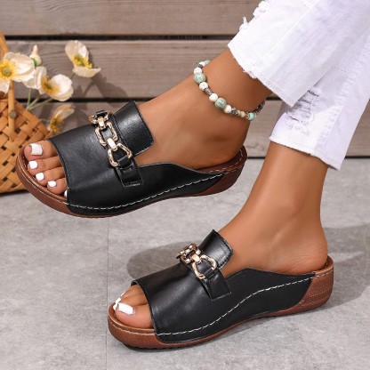 Metallic Buckle Wedge Mules – Easy Slip-On with Arch Support