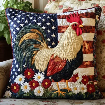 Patriotic Rooster & Floral Quilted Pillow