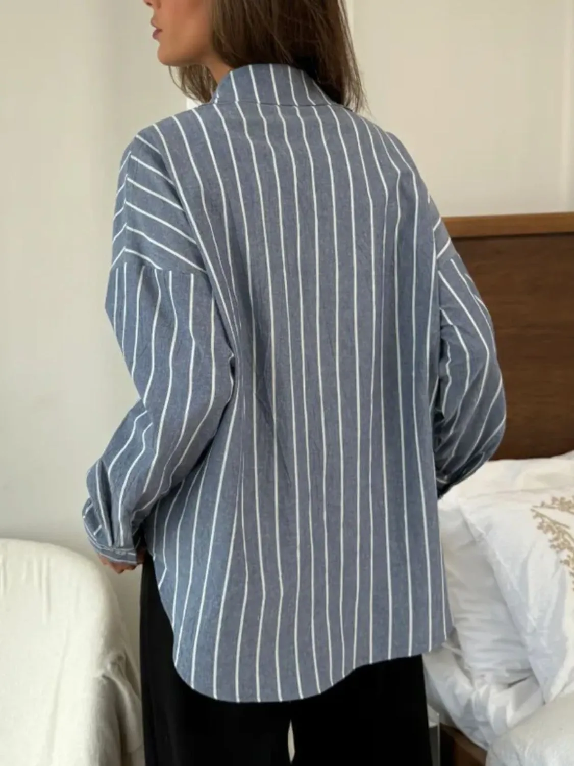 Striped Collared Neck Long Sleeve Shirt
