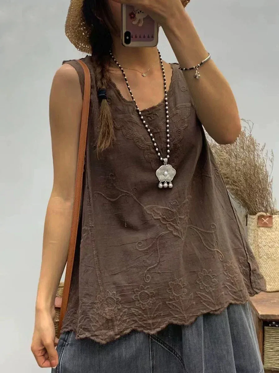 Women's Round Neck Sleeveless Casual Cotton And Linen Embroidered Top
